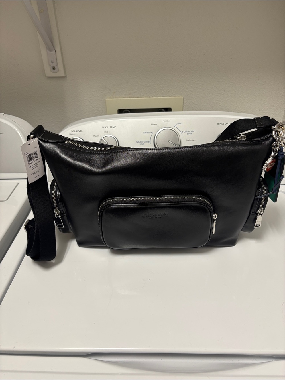 Coach Finn Black Leather Crossbody Bag with Front Zip Pocket
